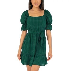 SPEECHLESS Green Stretch Ruffled Belted Semi-sheer Lined Pouf Sleeve Square Neck